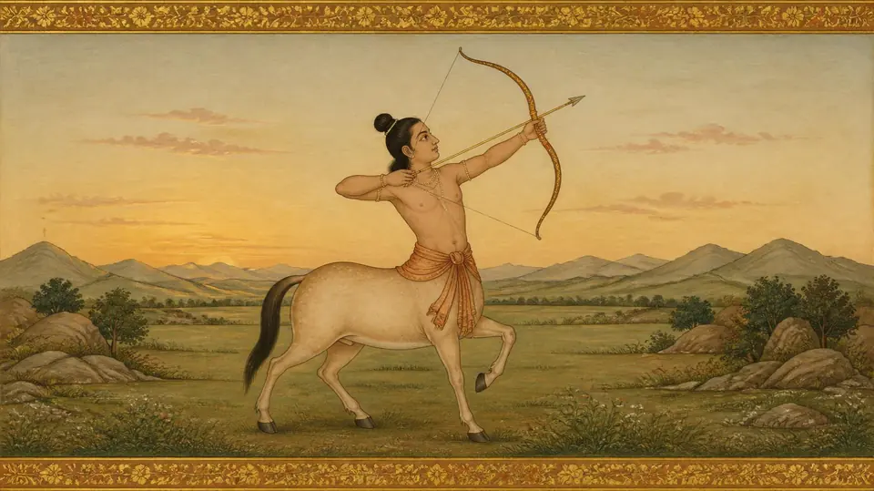 Dhanu rashi as the old texts draw him: an archer with a bow, whose lower body is a horse, in the style of an Indian miniature painting
