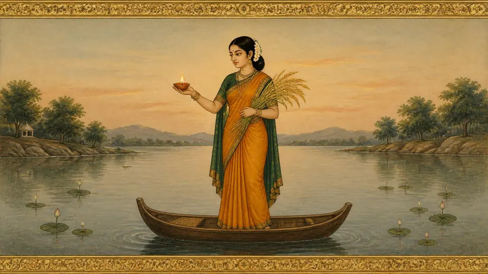 Kanya rashi as the old texts draw her: a maiden in a boat on water, holding a lamp in one hand and grain in the other, in the style of an Indian miniature painting