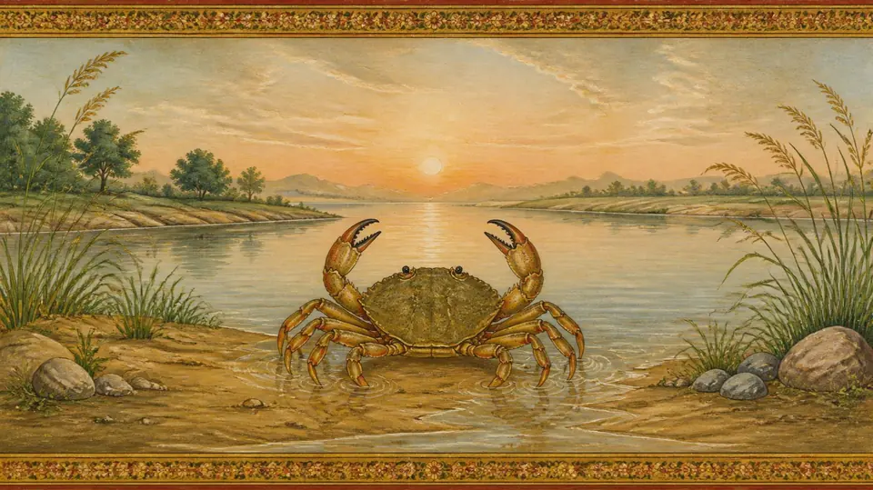 Karka rashi as the old texts draw it: a crab, in the style of an Indian miniature painting