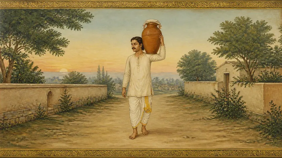Kumbha rashi as the old texts draw him: a man carrying a pot, in the style of an Indian miniature painting