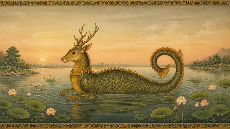 Makara rashi as the old texts draw it: a makara with the face of a deer, in the style of an Indian miniature painting