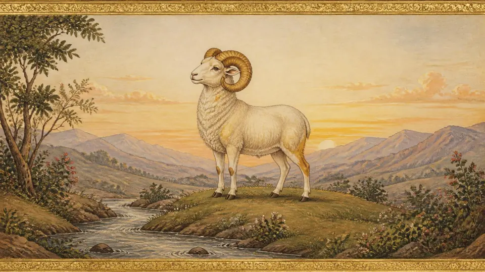 Mesha rashi as the old texts draw it: a ram, in the style of an Indian miniature painting