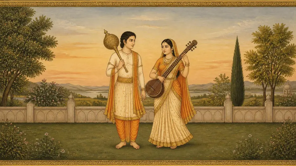Mithuna rashi as the old texts draw them: a man and a woman together, he holding a mace and she a veena, in the style of an Indian miniature painting
