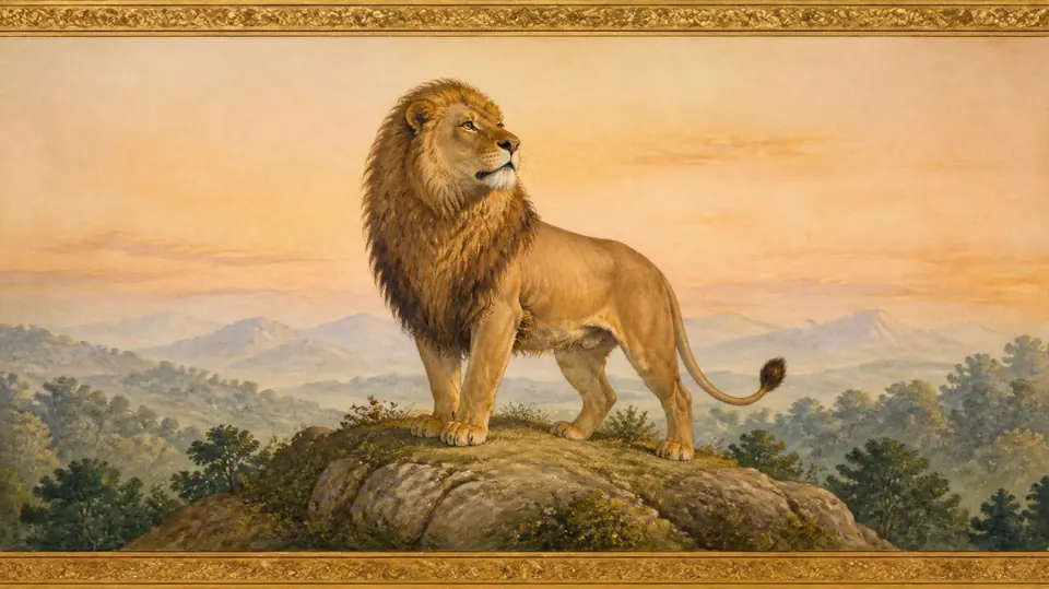 Simha rashi as the old texts draw it: a lion, in the style of an Indian miniature painting