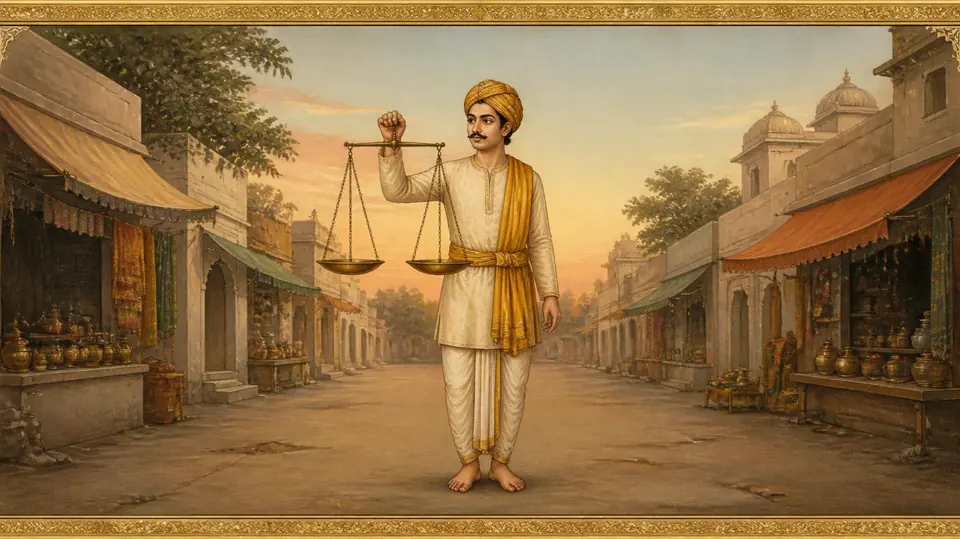 Tula rashi as the old texts draw him: a man holding a balance, in the style of an Indian miniature painting