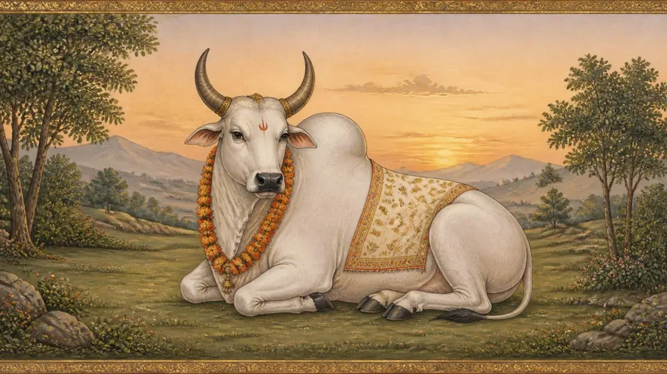 Vrishabha rashi as the old texts draw it: a bull, in the style of an Indian miniature painting