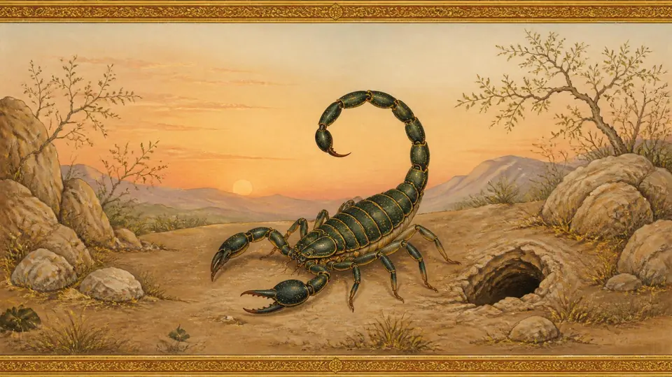 Vrishchika rashi as the old texts draw it: a scorpion, in the style of an Indian miniature painting